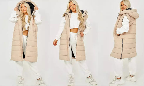 RISING WOMEN’S QUILT HOODED LONG JACKET - BEIGE